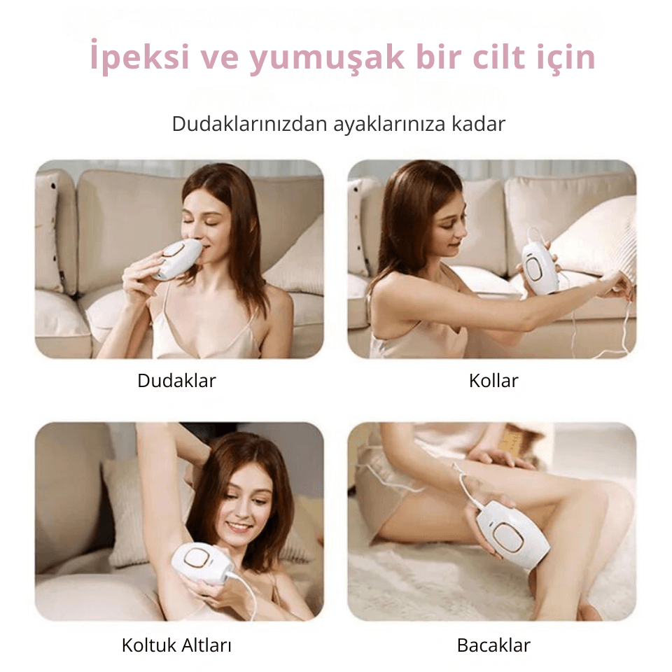 Lunaver™ Pro IPL Lazer Epilasyon Cihazı kullanılarak dudaklar, kollar, koltuk altları ve bacaklarda pürüzsüz cilt.