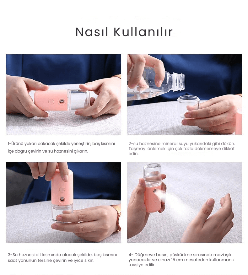 Lunaver™ Nano Buhar Makinesi kullanımı adım adım gösteren öğretici görsel.
